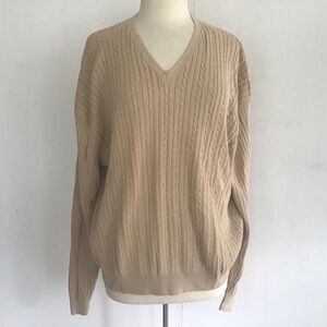 Descente 100% cotton cable-knit long-sleeve v neck sweater camel M  XXL W XXXL
